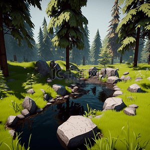 石头水流森林游戏可爱动画背景