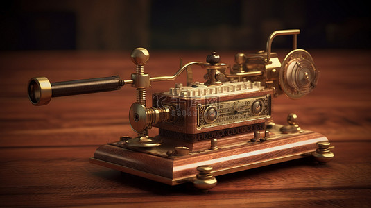 復古電話背景图片_以 3D 渲染并放置在木桌上的老式电报机