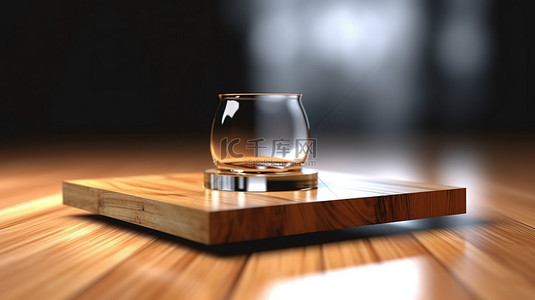 用于产品展示传单设计的木质平台上玻璃抽象背景的 3D 渲染