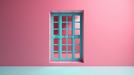 蓝色窗户背景图片_3d 渲染中充满活力的粉红色窗口设置在蓝色墙壁上