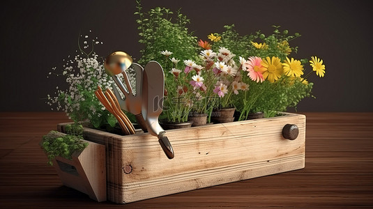 园林工具背景图片_木箱中园林工具和陶瓷盆花的 3D 渲染