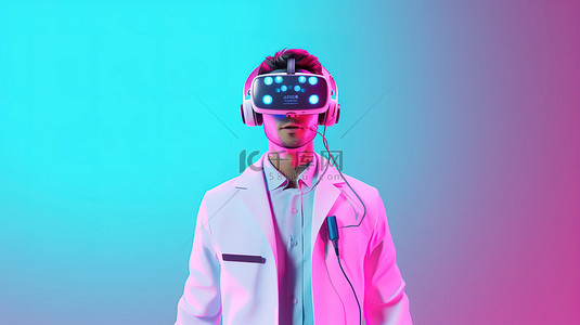戴着 VR 耳机的医生的滑稽 3D 渲染