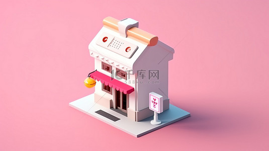 等距视图中白色户外邮箱和粉红色家居用品的 3D 图标