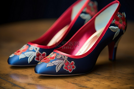 刺绣文化背景图片_香港婚鞋风尘绣红蓝