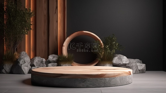 带石材装饰和植物的木地板讲台令人惊叹的 3D 渲染产品展示