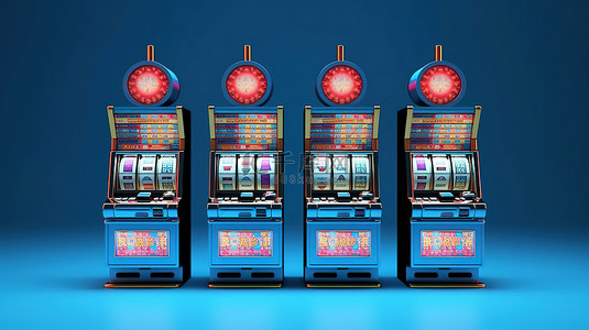蓝色背景在线赌场免费旋转的真实老虎机的 3D 渲染