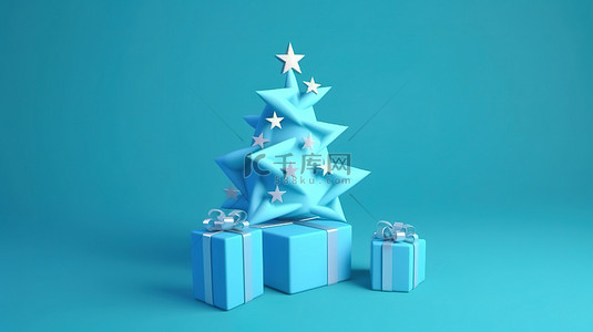 节日场景卡通风格 3d 渲染礼品盒圣诞树和蓝色背景上闪亮的星星