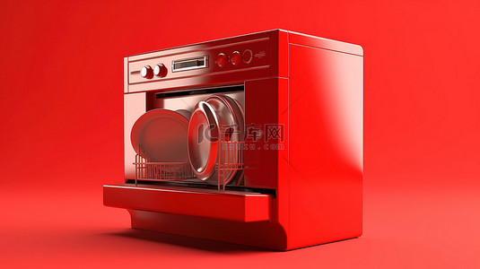 厨房洗碗机背景图片_红色背景烤箱和洗碗机与单色 3d 图标