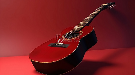 声学吉他在充满活力的红色背景下的 3d 设计渲染图