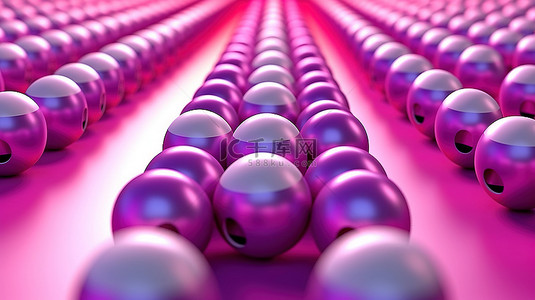 充满活力的粉红色保龄球在 3D 渲染的紫色背景上的五彩球海中