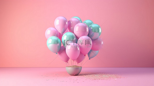 柔和的粉红色背景下 3D 渲染气球的插图