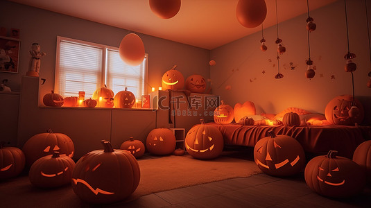 生活卧室背景图片_幽灵般的 3D 卧室万圣节派对与大量南瓜