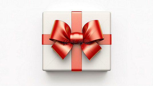 红丝带和蝴蝶结的 3D 插图，装饰着白色背景上隔离的方形圣诞标签