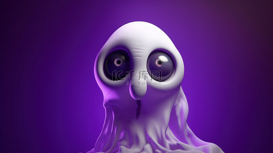 紫色背景下带有火热眼睛的怪异 3D 幽灵