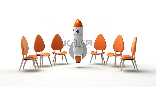 白色背景 3D 渲染中被椅子和想法标志包围的概念火箭
