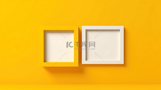 花式文本框背景图片_充满活力的黄色背景，带有两张空图片卡和文本 3D 渲染插图的空间