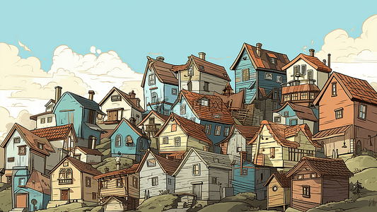 世界材料背景图片_卡通房子村庄远处非常拥挤蓝色1