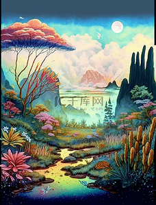 卡通奇幻背景图片_浪漫卡通田园风景花卉植物草地风景油画装饰画背景