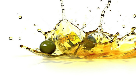 蜂蜜水背景背景图片_橄榄油在白色背景上孤立飞溅的 3D 渲染
