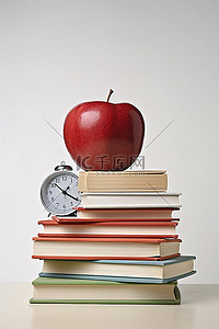 坐在彩虹上看书背景图片_一堆书坐在钟旁边的苹果上