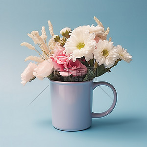 白色的花背景图片_蓝色杯子里有一束粉色和白色的花