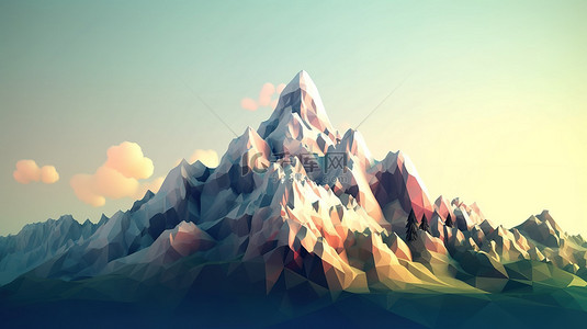 以低多边形风格 3D 渲染描绘的极简主义天空山
