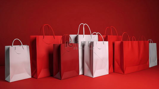 一组纸质购物袋在充满活力的红色背景下以 3D 形式精美呈现