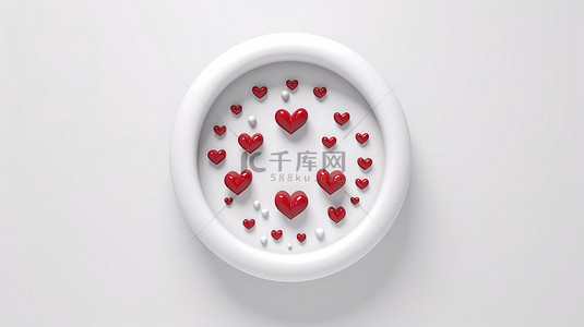 现代爱情象征简约的 3D 渲染白心漂浮在白色背景的圆形框架中