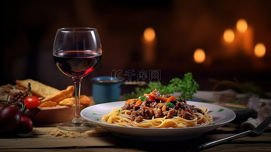 一张桌子的渲染 3D 图像，配有猪肉面食和红酒