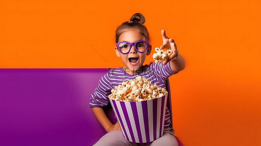 吃东西背景图片_戴着 3D 眼镜和一桶爆米花的孩子在紫色的孤立背景下指着前方