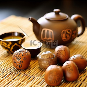 桌子上的茶杯展示着茶壶里的一些水果