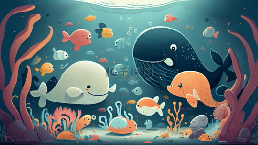 海洋生物动物背景图片_海洋生物儿童插画背景