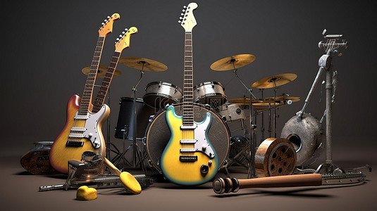 3D 渲染的摇滚文本围绕乐器