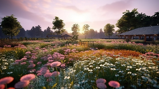 辉光背景图片_黄昏乡村花卉种植园景观的黄金时刻辉光 3D 渲染