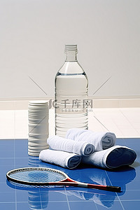 白桌上的水瓶羽毛球篮和羽毛球拍，带蓝色毛巾