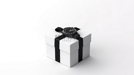 时尚的黑色智能手表和带礼品盒的表带，白色背景专业 3D 渲染