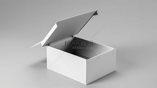 3D 渲染打开盒子的高架视图，具有右倾斜，非常适合在白色背景上使用舞台道具