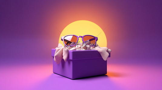 夏日阳光惊喜充满活力的礼品盒，带有太阳镜和紫色背景 3d 渲染的云彩