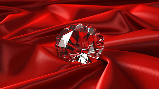 红色丝绸织物上的大钻石的 3D 渲染