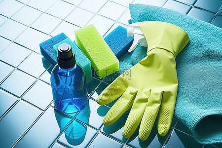喷背景图片_一组脏手套一些海绵和一瓶清洁喷雾