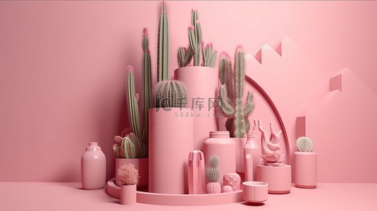 底座3d背景图片_产品陈列柜采用柔和的粉红色，带有 3D 渲染干净的底座并装饰有仙人掌