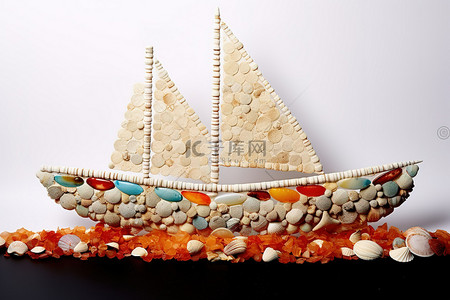 海螺海星背景图片_用彩色贝壳和数字制成的船