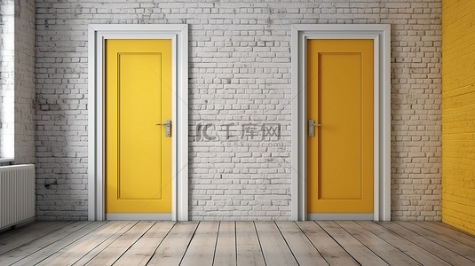 使用 3D 渲染创建的时尚阁楼，配有白色门和木地板上充满活力的黄色砖墙