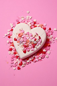 心粒子背景图片_粉红色背景上的粉红色和白色五彩纸屑的情人节心形饼干