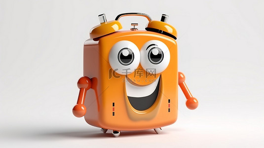 充电电池背景背景图片_白色背景上带有抽象充电电池的闹钟吉祥物的 3D 渲染