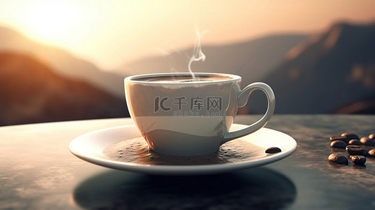 桌上一杯白咖啡的早晨场景 3d 渲染
