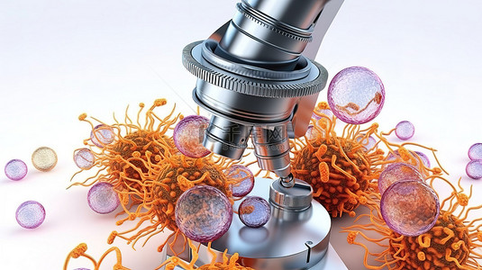 放大背景图片_当代实验室中的尖端显微镜在白色背景 3D 渲染下放大显示细菌和病毒