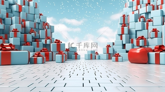 节日背景与礼品盒 3D 渲染圣诞节和新年