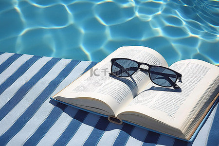 在水中的沙滩巾上看书和太阳镜