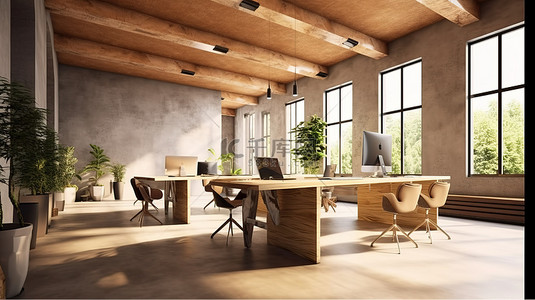 现代工作空间 3D 渲染舒适的联合办公室，采用混凝土和木材主题，配有家具和日光